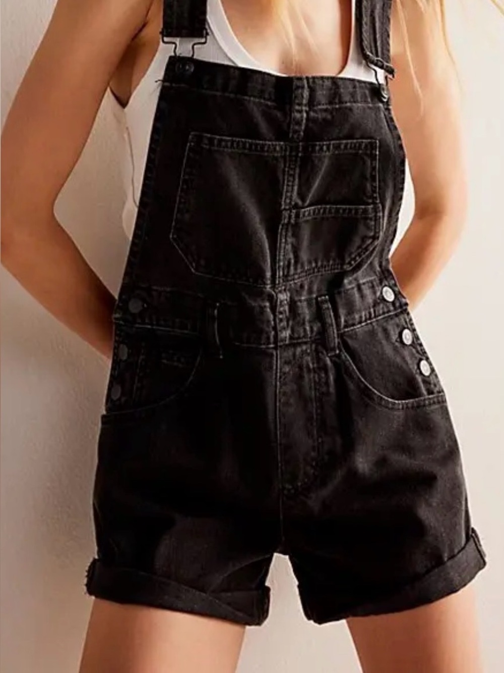 Free People Black Denim Short Overalls with Front Bib Pocket